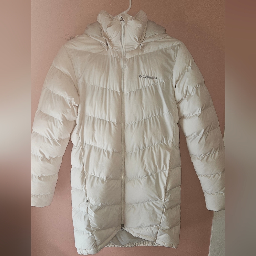 Columbia Off White Long Puffer Jacket Removable Faux Fur Hood SMALL
